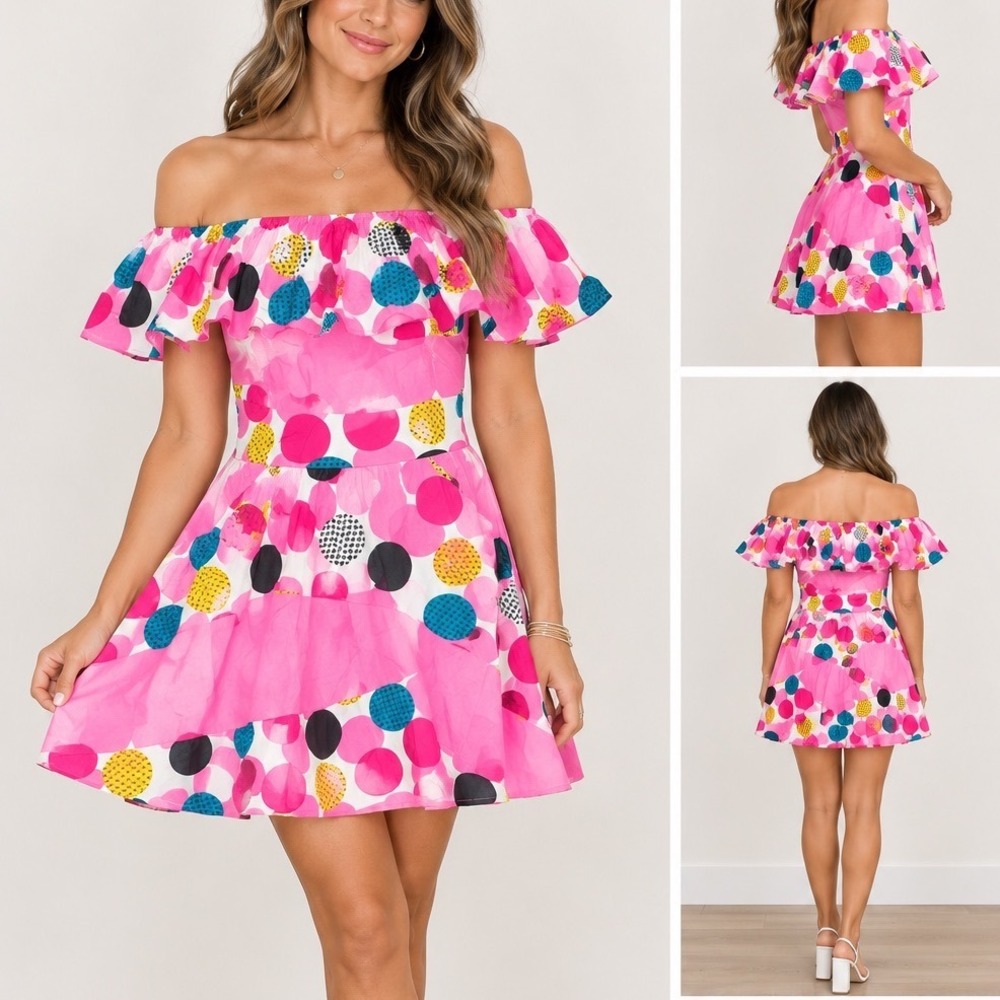 Pink Polka Dot Off the Shoulder Ruffle Mini Dress Heart Zipper Pull Fit & Flare